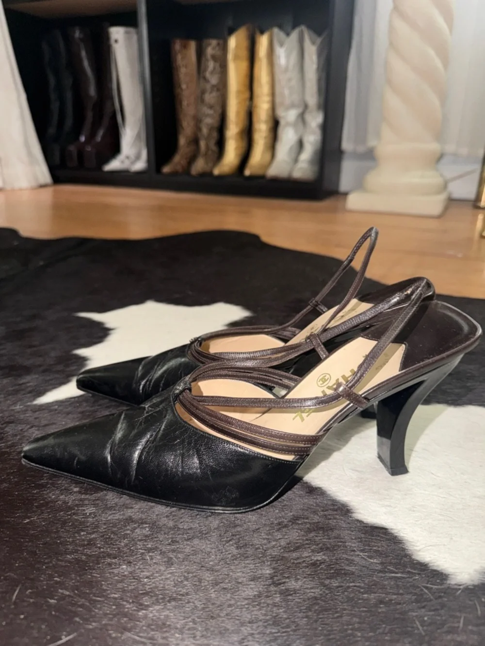 CHANEL Vintage Slingback Pointed Toe Black and Brown Leather Mules, size 39